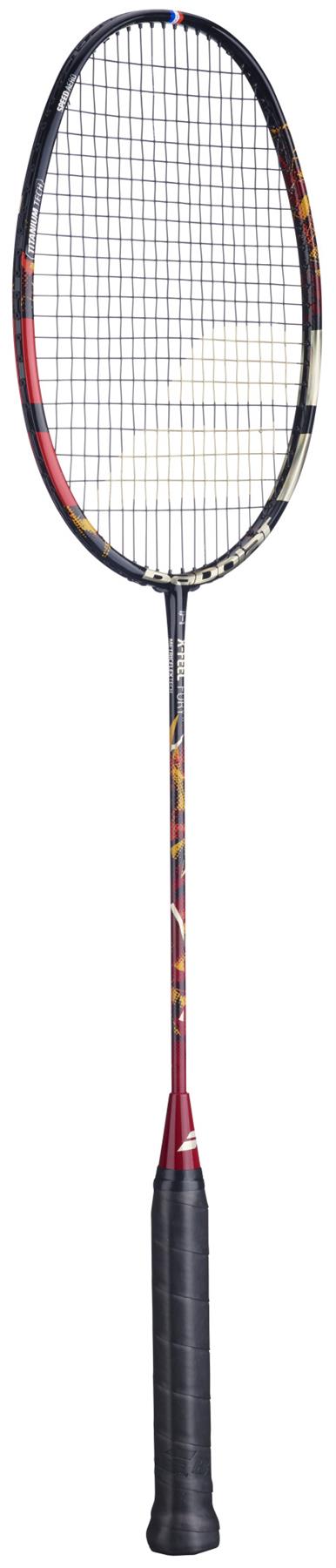The Babolat X-Feel Fury 2026 3U Badminton Racket in black and red features a taut stringed head, slim shaft, and cushioned black grip for powerful play, shown against a white background.