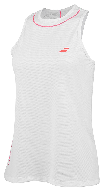 The Babolat Strike Women's Badminton Tank Top in white boasts a round neck and pink trim, crafted from lightweight recycled polyester. It features a small pink Babolat logo on the left chest area, making it ideal for both style and sustainability.