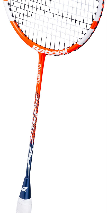A close-up of the Babolat Speedlighter 2026 Badminton Racket in orange and white—an ideal choice for beginners and junior players—by Babolat, set against a white background.