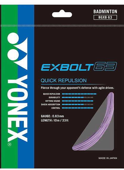 The Yonex Exbolt 63 Badminton String Lavender 200m Reel features the Yonex logo, FORGED FIBER technology, product name, quick repulsion, durability details, a coiled lavender string, and gauge (0.63mm) clearly displayed on its packaging.