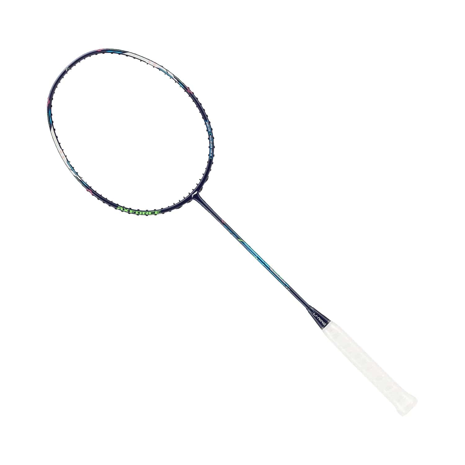 The image highlights a Li-Ning Axforce Cannon Pro 4U badminton racket in blue, showcasing a dark blue frame with an oval-shaped head. It features a white grip handle and tightly strung strings within its sleek design, incorporating a shock absorption system for enhanced gameplay.