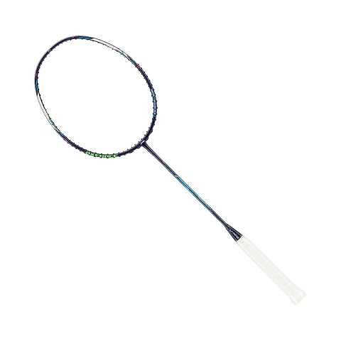 The image highlights a Li-Ning Axforce Cannon Pro 4U badminton racket in blue, showcasing a dark blue frame with an oval-shaped head. It features a white grip handle and tightly strung strings within its sleek design, incorporating a shock absorption system for enhanced gameplay.