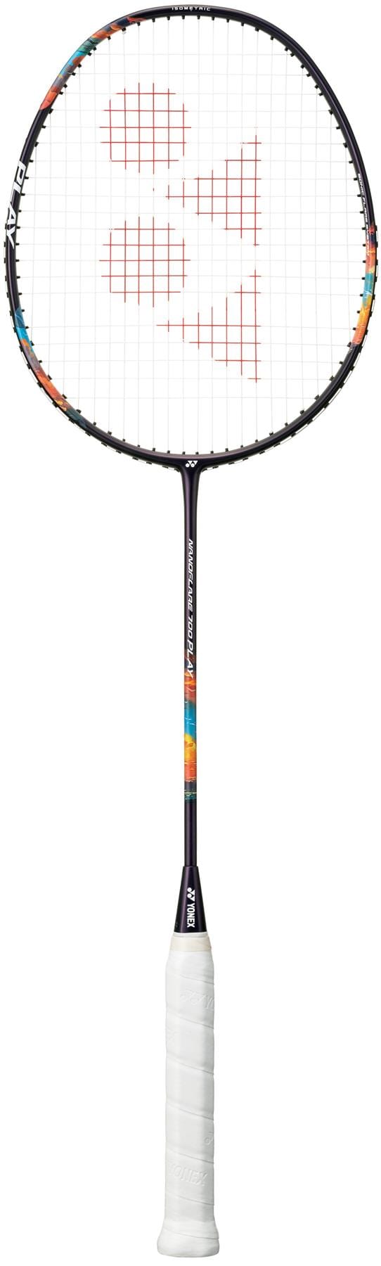 The Yonex Nanoflare 700 Play 4U Badminton Racket in Midnight Purple is a beginner-friendly racket featuring a black frame, colorful accents, white strings with a red logo, and a comfortable white grip handle.