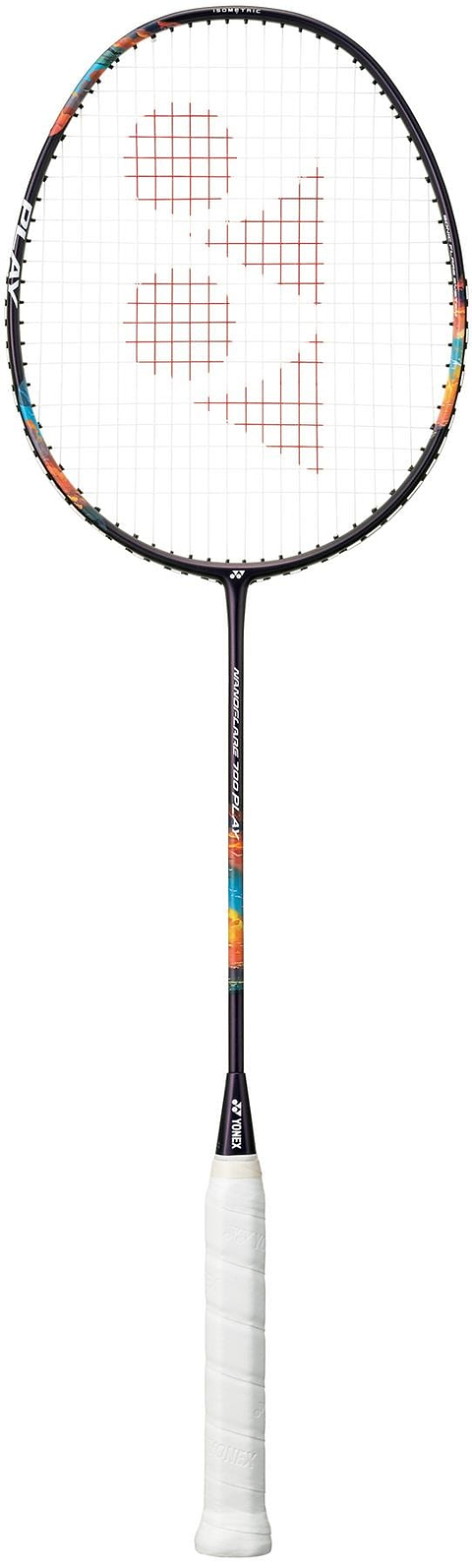 The Yonex Nanoflare 700 Play 4U Badminton Racket in Midnight Purple is a beginner-friendly racket featuring a black frame, colorful accents, white strings with a red logo, and a comfortable white grip handle.