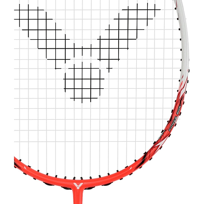 Close-up of a flame red Victor badminton racket featuring black strings. The strings form a distinctive pattern with a central knot, enhanced by powerbox technology. The frame displays a sleek design with branding and detailed accents along the perimeter, ideal for advanced players.