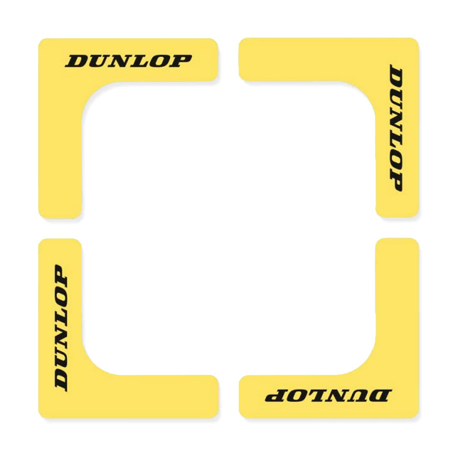 Arranged to form a square with an open center, these corner protectors come as four yellow pieces with black "Dunlop" text, crafted from non-slip rubber.