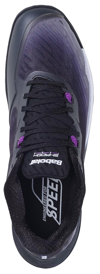Top view of a Babolat Shadow Tour 5 Men’s Badminton Shoe in black/purple, with black laces and “Babolat” branding on the tongue and insole—premium indoor court footwear engineered for speed.