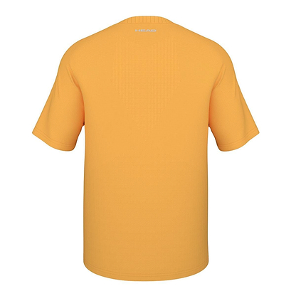 Back view of the HEAD Perfomance Mens Badminton T-Shirt - XPBN, a plain orange short-sleeve shirt with a small "HEAD" logo near the neckline. Features moisture-wicking fabric, relaxed fit, and solid color design for comfort on court.