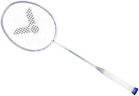 The Victor Jetspeed S 12FTD T 4U Badminton Racket by Victor features a violet frame, white handle, slim shaft, round head with Aero-Sword frame, and black strings, shown isolated on a white background.