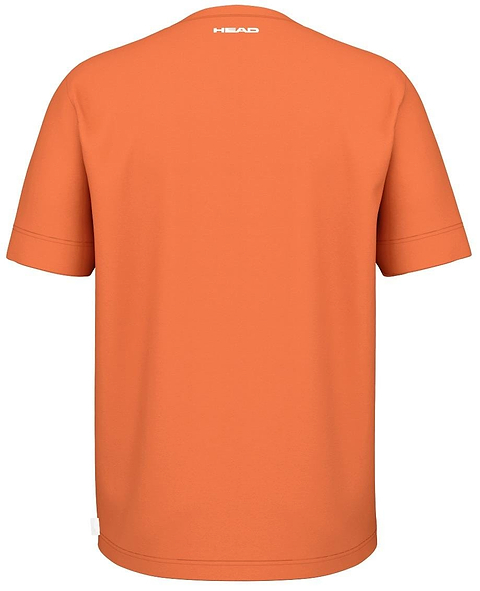 Back view of the HEAD Slice II Men's Badminton T-Shirt - CN in orange, featuring a white "HEAD" logo near the neckline. This shirt offers simple, comfortable design with moisture transfer microfiber and no extra patterns or graphics.