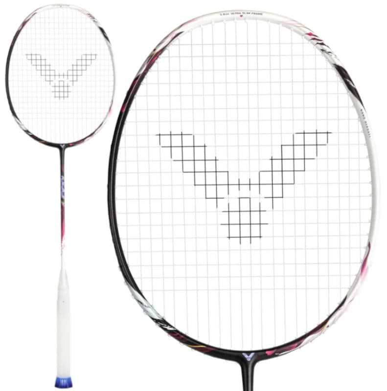 The Victor Auraspeed Fantôme AF 4U Badminton Racket by Victor is shown upright in close-up, featuring a white grip, black frame with white accents, a large "V" string pattern, and advanced Nano Aerogel technology.