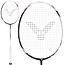 The Victor Auraspeed Fantôme AF 4U Badminton Racket by Victor is shown upright in close-up, featuring a white grip, black frame with white accents, a large "V" string pattern, and advanced Nano Aerogel technology.