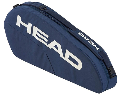 The HEAD BASE 3 Racket Badminton Bag S - NV boasts a premium design, featuring a sleek blue finish with "HEAD" in bold white. Its curved shape includes a black handle, white logo on the strap, and an adjustable shoulder carry system for versatile transport.