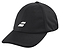 The Babolat Pure Logo Cap - Black, designed by Babolat, is made from lightweight, recycled polyester. It sports a curved brim and showcases a sleek small white logo on the front with two angled rectangular shapes for a modern, minimalist appearance.