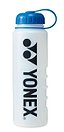 Introducing the Yonex AC589 Sports Bottle - Blue: a sleek white bottle featuring a convenient handle and a blue screw-on lid. Perfect for hydration on the go, it showcases a large black "YONEX" logo down its side, making it an ideal choice for athletes who want to stay refreshed during any activity.