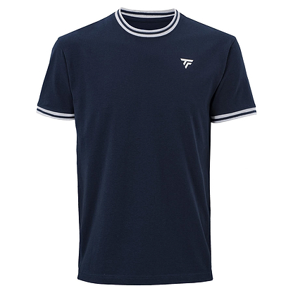 The Tecnifibre Team Stretch Men's Badminton T-Shirt in marine blue features white trim on the collar and cuffs, a small white logo on the left chest, and is made from soft organic cotton for comfort and style.