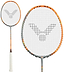 The Victor Thruster Rocket O 4U Badminton Racket by Victor features a silver and orange frame, white string with a black geometric logo, and a white grip tape handle. A close-up of the racket head appears next to the full racket.