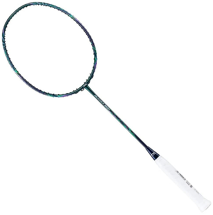 The Li-Ning BladeX 800 4U Badminton Racket in dark green, featuring Swing Weight Technology, a long thin shaft, and white grip handle, is shown diagonally on a white background.