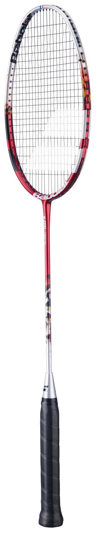 The Babolat X-Feel Origin 2026 3U Badminton Racket in silver and red, designed for intermediate to advanced players, features a slim shaft, oval head, and black grip handle by Babolat.