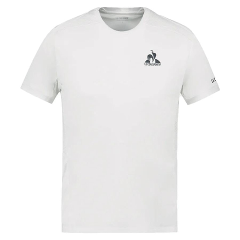 The Le Coq Sportif Pro Mens Badminton T-Shirt in Optical White is a breathable short-sleeve shirt with the Le Coq Sportif logo on the chest and "LE COQ SPORTIF" text on the sleeve, designed for badminton.