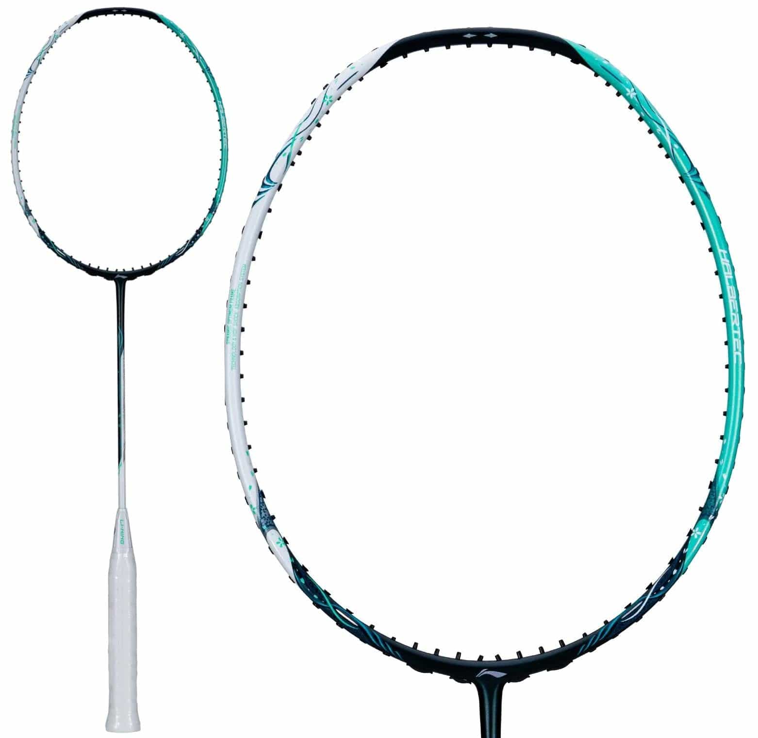 A Li-Ning Halbertec 6000 5U Badminton Racket - Jade Green by Li-Ning, shown with a white grip and jade green Nano Frame System, featuring full and close-up views of the racket head on a white background.