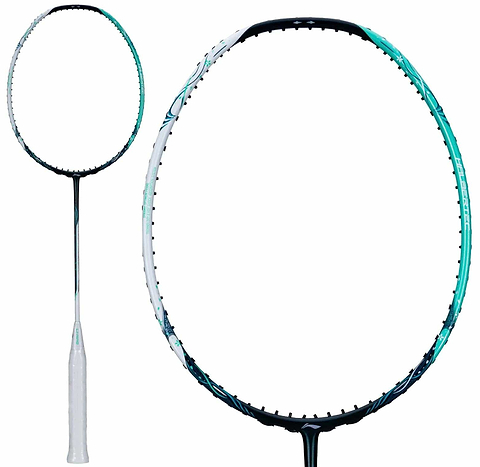 A Li-Ning Halbertec 6000 5U Badminton Racket - Jade Green by Li-Ning, shown with a white grip and jade green Nano Frame System, featuring full and close-up views of the racket head on a white background.