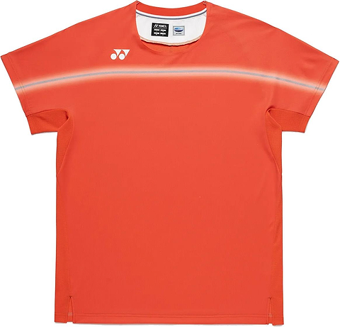 The Yonex 10711YX Crew Neck Men's Badminton T-Shirt in Cyber Orange features short sleeves, a thin white chest stripe, and a small white logo near the collar—ideal performance apparel for badminton enthusiasts.