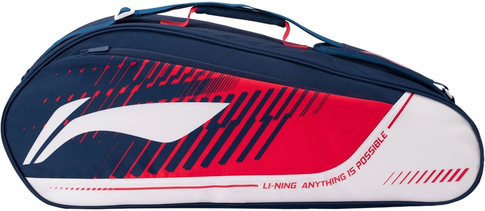 The Li-Ning Training Series 3 Racket Badminton Bag in blue and red features a large, spacious design with navy blue and white coloring, vivid red accents, zipper closure, convenient handles, and “LI-NING ANYTHING IS POSSIBLE” text on the side—an ideal choice from the popular Li-Ning training series.