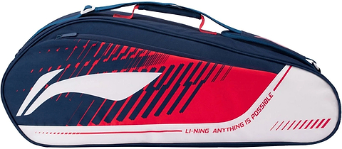 The Li-Ning Training Series 3 Racket Badminton Bag in blue and red features a large, spacious design with navy blue and white coloring, vivid red accents, zipper closure, convenient handles, and “LI-NING ANYTHING IS POSSIBLE” text on the side—an ideal choice from the popular Li-Ning training series.
