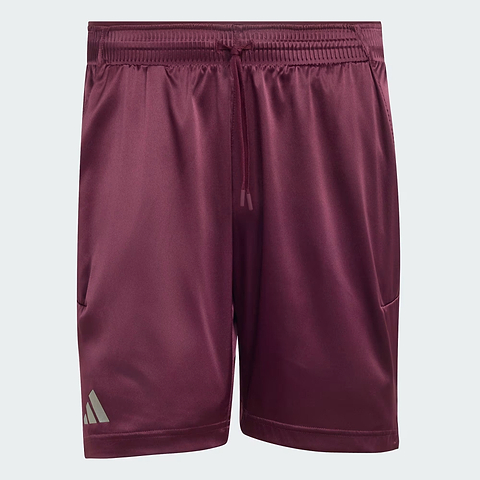 The ADIDAS Climacool Ergo Pro Men’s Badminton Shorts in maroon feature side pockets, an elastic waistband with a drawstring, and a small adidas logo on the front left leg. Engineered for comfort and performance during intense matches, these athletic shorts offer an ergonomic fit ideal for serious badminton players.