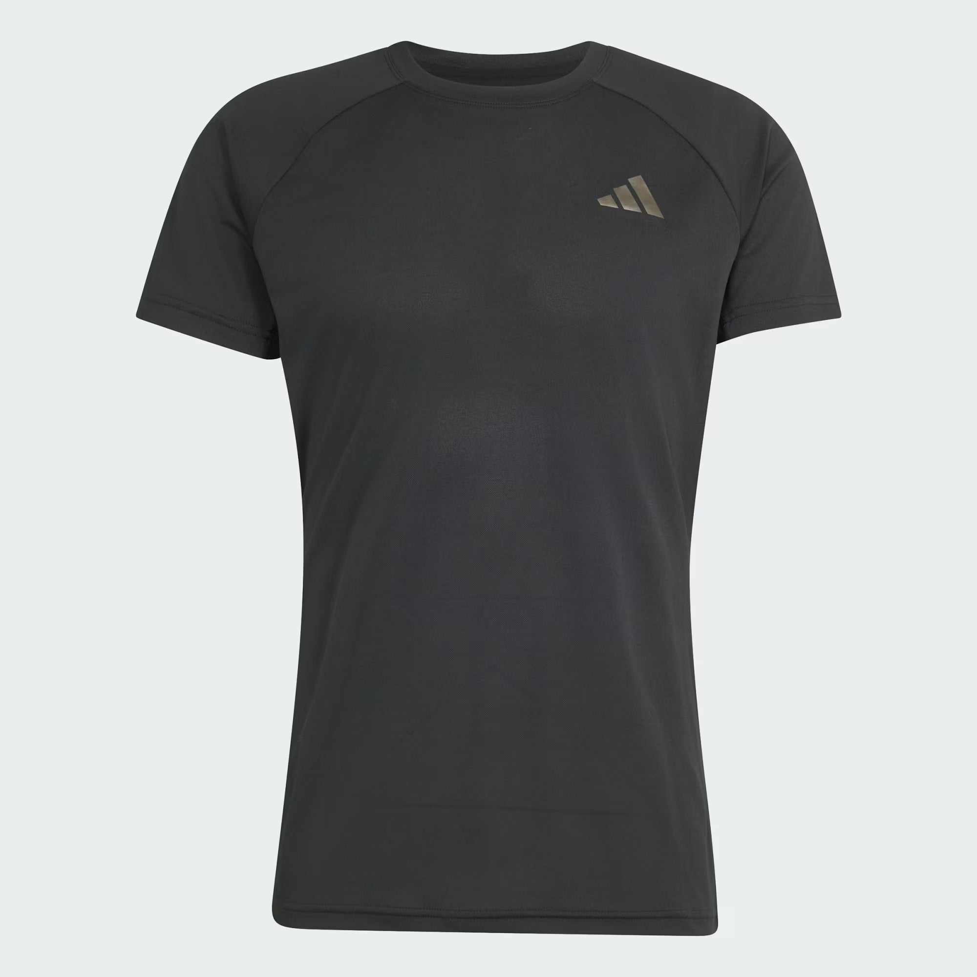 A plain black short-sleeve athletic t-shirt with a small, light-colored adidas logo on the left chest is displayed on a white background. The ADIDAS Climacool+ Freelift Pro Men’s Badminton T-Shirt - Black features advanced cooling technology, making it an ideal performance shirt for intense badminton matches and training sessions.