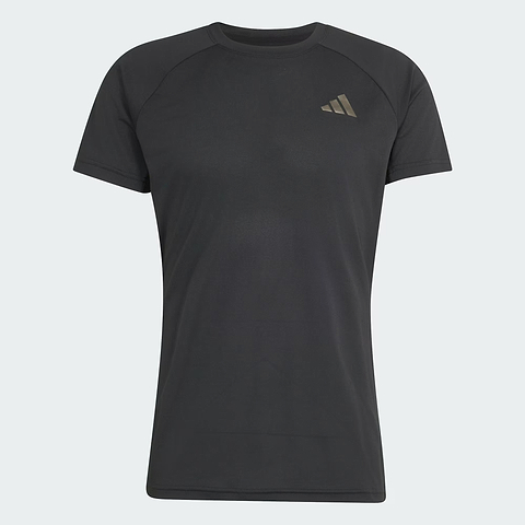 A plain black short-sleeve athletic t-shirt with a small, light-colored adidas logo on the left chest is displayed on a white background. The ADIDAS Climacool+ Freelift Pro Men’s Badminton T-Shirt - Black features advanced cooling technology, making it an ideal performance shirt for intense badminton matches and training sessions.
