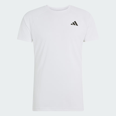 The ADIDAS Climacool+ Freelift Pro Men’s Badminton T-Shirt in white features a small black adidas logo on the left chest and is designed as a quick-drying sports tee for enhanced comfort, displayed against a light background.