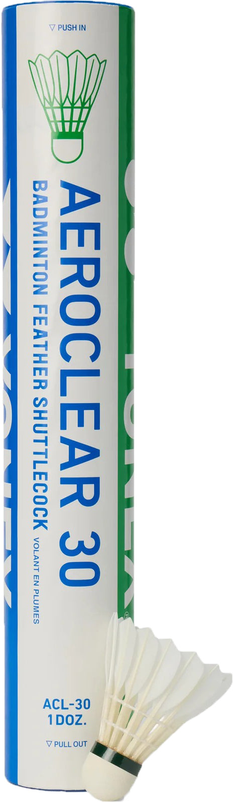 A tube of Yonex Aeroclear 30 Badminton Feather Shuttles (set of 12) stands upright, with one Yonex shuttlecock placed in front.