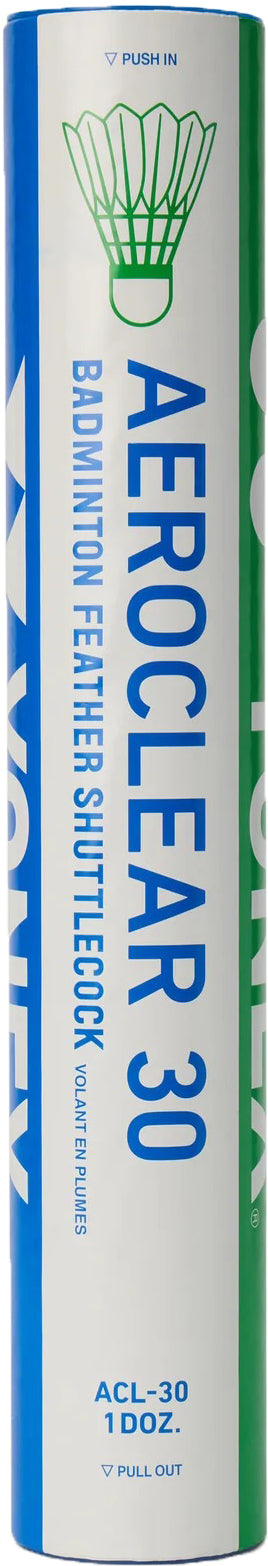 A cylindrical tube of Yonex Aeroclear 30 Badminton Feather Shuttles (set of 12), featuring green and blue text and graphics with a prominent shuttlecock illustration and detailed product information. Crafted by Yonex from high-quality goose feathers, these shuttlecocks deliver consistent flight performance and exceptional durability for every match.