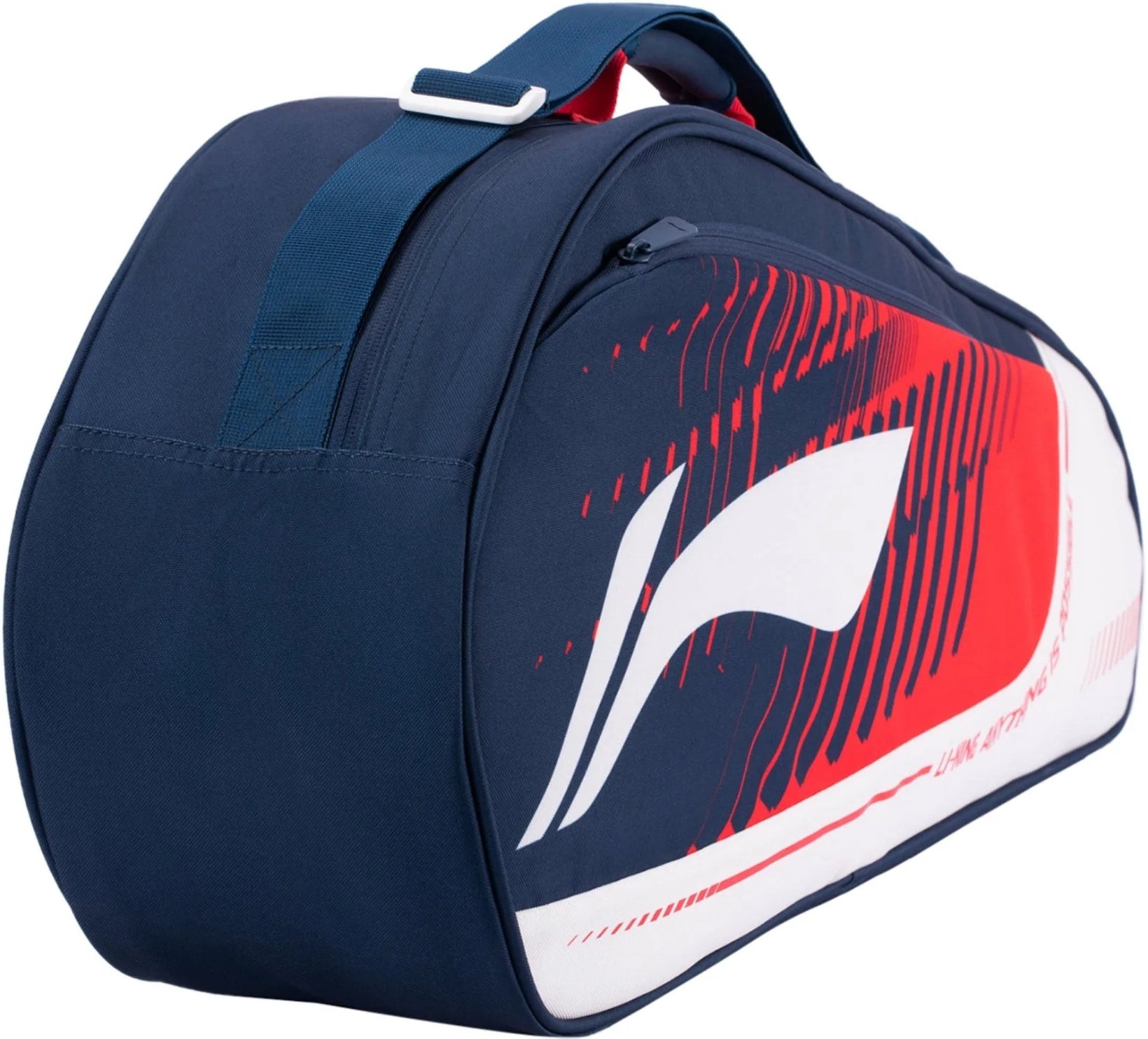 The Li-Ning Training Series 3 Racket Badminton Bag in blue and red features a white and red abstract side design, a blue top strap, and a zippered compartment.