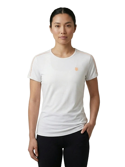 K-Swiss Hypercourt Crew Tee 3 Womens Badminton T-Shirt - White — On Model - Upper Body | Generated by Modelize