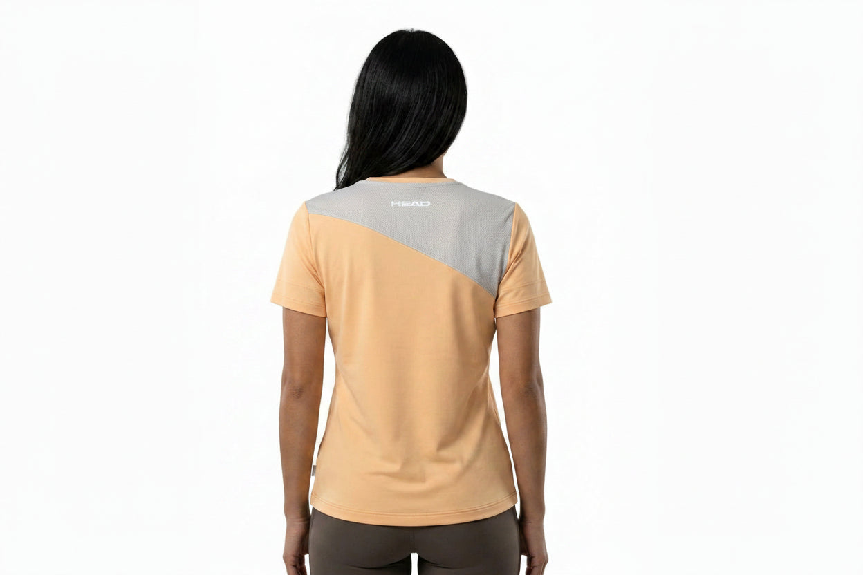 Womens Badminton T-Shirt — On Model - Upper Body Back | Generated by Modelize