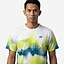 A young man with short black hair wears a Yonex YTM2025A Mens Badminton T-Shirt - White by Yonex, featuring green, blue, and yellow abstract patterns, standing against a plain white background and looking directly at the camera with a neutral expression.