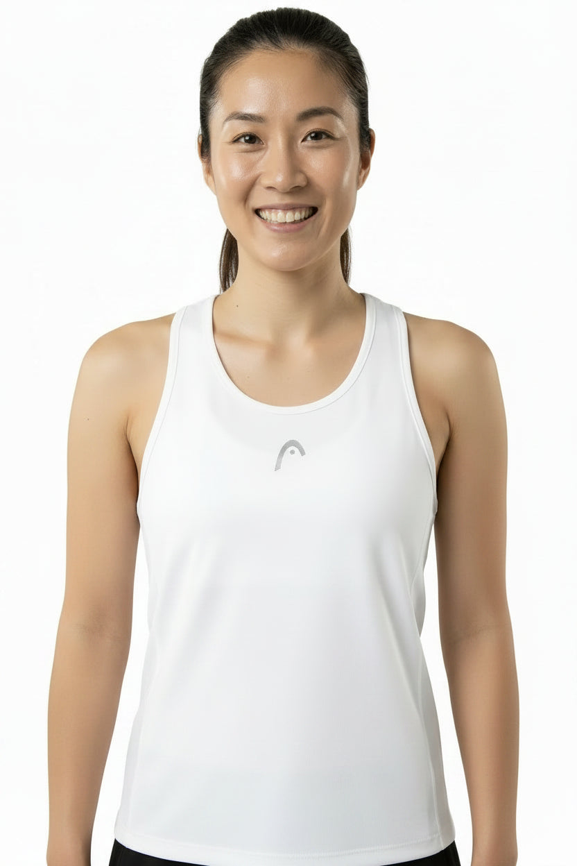 HEAD Club 25 Tech Womens Badminton Tank Top - White — On Model - Upper Body | Generated by Modelize