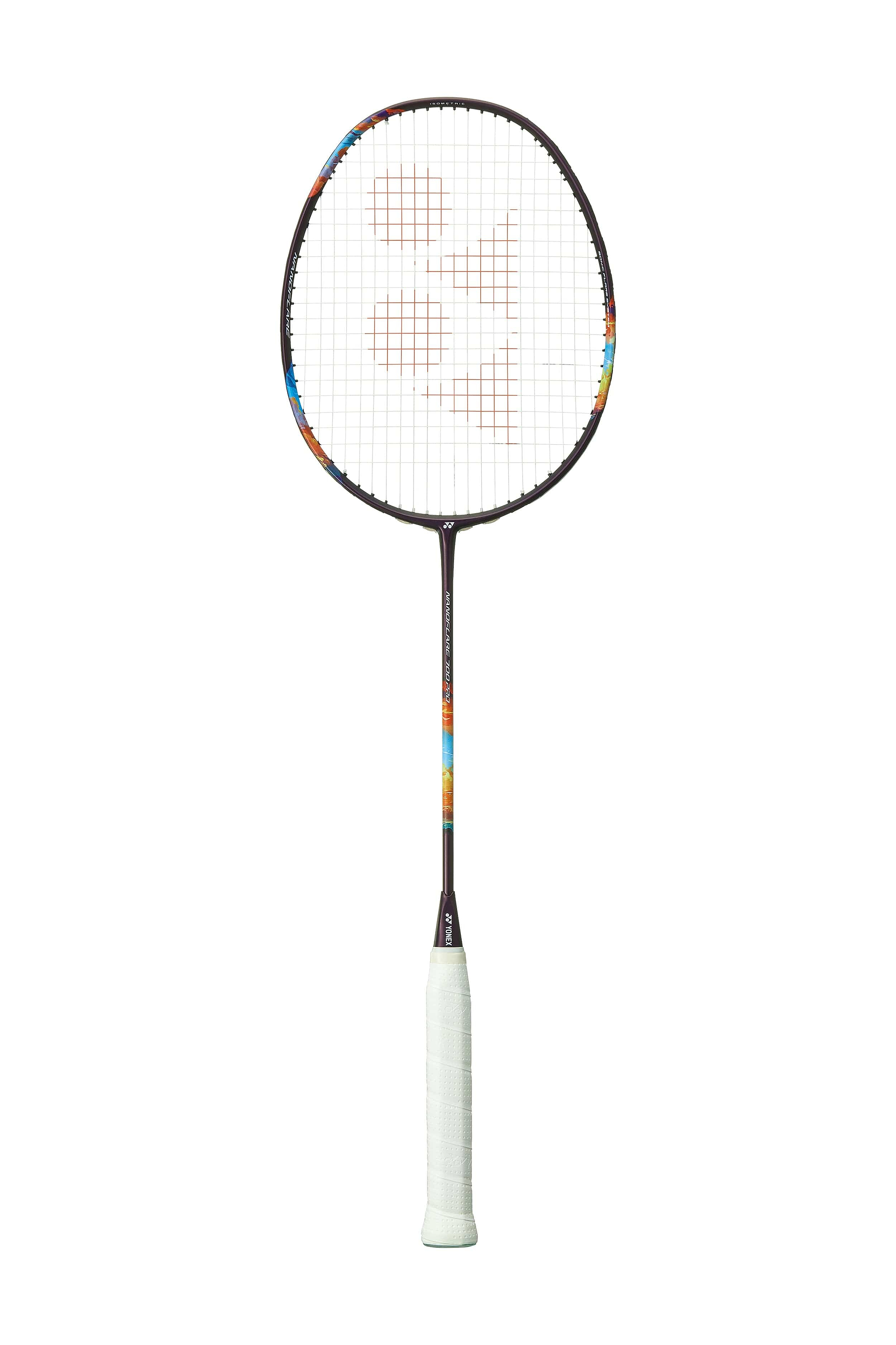 The Yonex Nanoflare 700 Pro 4U Badminton Racket in Midnight Purple is an aggressive racket designed for advanced players who value precision and power. It features a circular head and grid-patterned strings, with a striking combination of colorful blue and orange designs on the shaft.