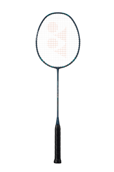 The Yonex Nanoflare 800 Play 4U Badminton Racket in deep green is an elegantly designed racket with a head-light balance, ideal for agile players. It features a grid pattern on the head and a comfortable grip handle, set against a plain white background.