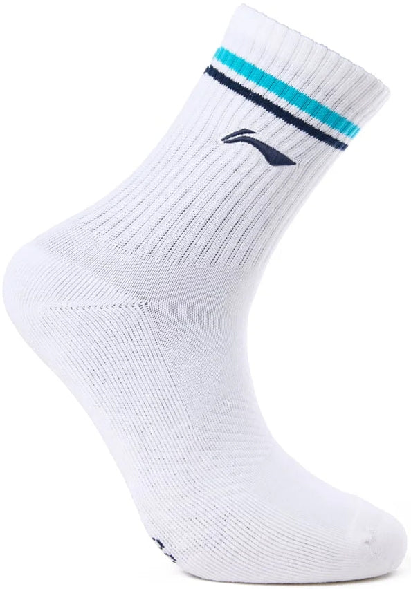 A single Li-Ning Badminton Sock (White/Blue) is shown on a foot-shaped form against a white background. It features ribbed texture, navy blue logo, blue and teal stripes near the top, cushioned sole, and moisture-wicking fabric.