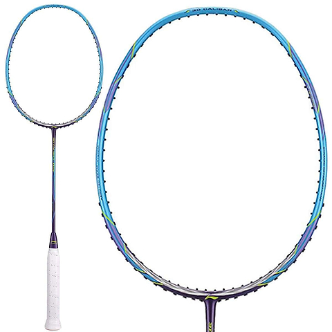 Presenting the Li-Ning 3D Calibar 001 Drive Badminton Racket from Li-Ning, a head-heavy racket in vibrant blue and purple with a white grip. Its sleek design includes green accents, enhancing rapid head speed for swift gameplay.