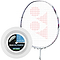 A Yonex badminton racket featuring a white string pattern with the iconic Yonex logo is displayed alongside a spool of Yonex BG 66 Ultimax Badminton String in white. The clear reel, which measures 0.65mm and spans 200 meters, prominently features labels stating "Repulsion Power" and "Medium Feeling," underlining its thin gauge string design.