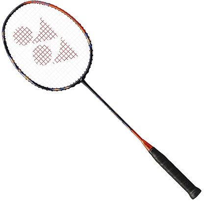 The Yonex Astrox 77 Pro 4U Badminton Racket - High Orange, crafted by Yonex, boasts a black grip and an orange and black frame. Made with innovative Namd graphite material, it incorporates ISOMETRIC technology, and the strings display a red logo of triangles and circles for improved precision and power.