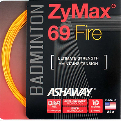 The packaging of the Ashaway Zymax 69 Fire Badminton String Orange - 0.69MM - 10m Packet reveals an orange string coiled inside, with text highlighting "Ultimate Strength, Maintains Tension." Features include a diameter of 0.69 mm, ZYWEAVE technology for improved durability and extreme tensions, and a length of 10 meters. Made in the USA by Ashaway.
