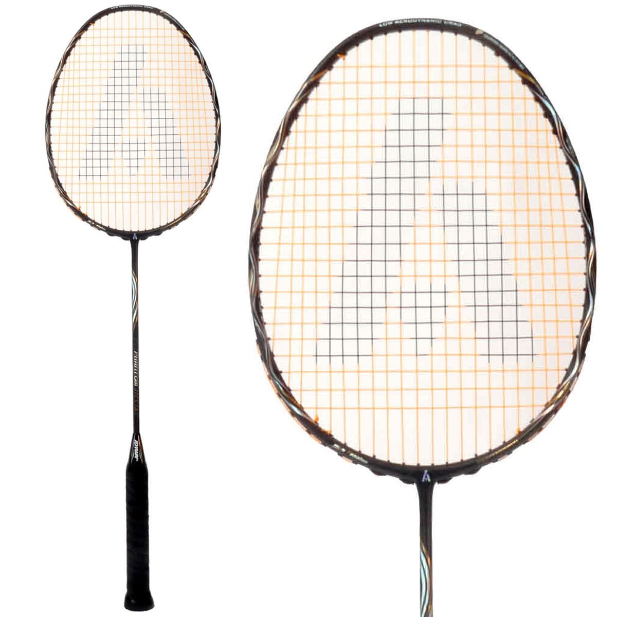 The Ashaway Phantom Helix badminton racket showcases a sophisticated black and gold frame, complemented by intricately designed strings. At its center, it features an eye-catching letter motif, while the handle ensures a firm grip with its textured design. Perfect for players who desire both high performance and style.