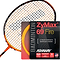 A badminton racket with orange and black strings is displayed next to a pack of Ashaway Zymax 69 Fire Badminton Strings in an eye-catching red and gray design. The packaging emphasizes the string's ultimate strength, durability, and excellent tension maintenance for prolonged string life.