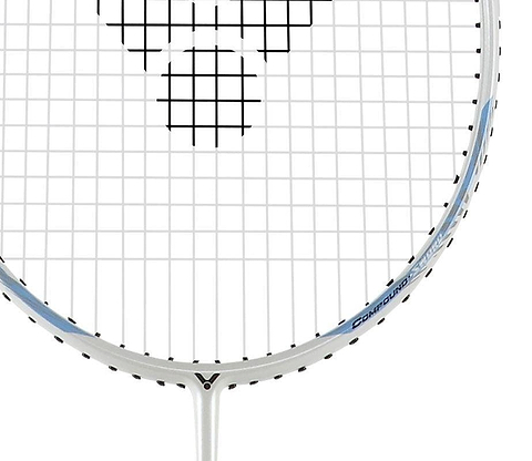 A close-up of the Victor Auraspeed 9A Badminton Racket - White showcases its all-round design, with a white frame and black strings forming a distinctive grid pattern that partially reveals the brand's logo near the top. Blue accents add to its stylish appearance, making it perfect for beginner to intermediate players aiming to elevate their game.